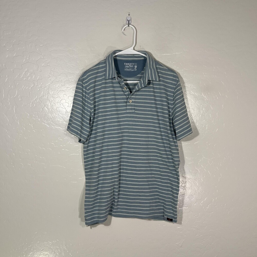 Faherty Isle Polo Shirt Mens Medium Blue Stripe 100% Cotton Jersey Casual Top